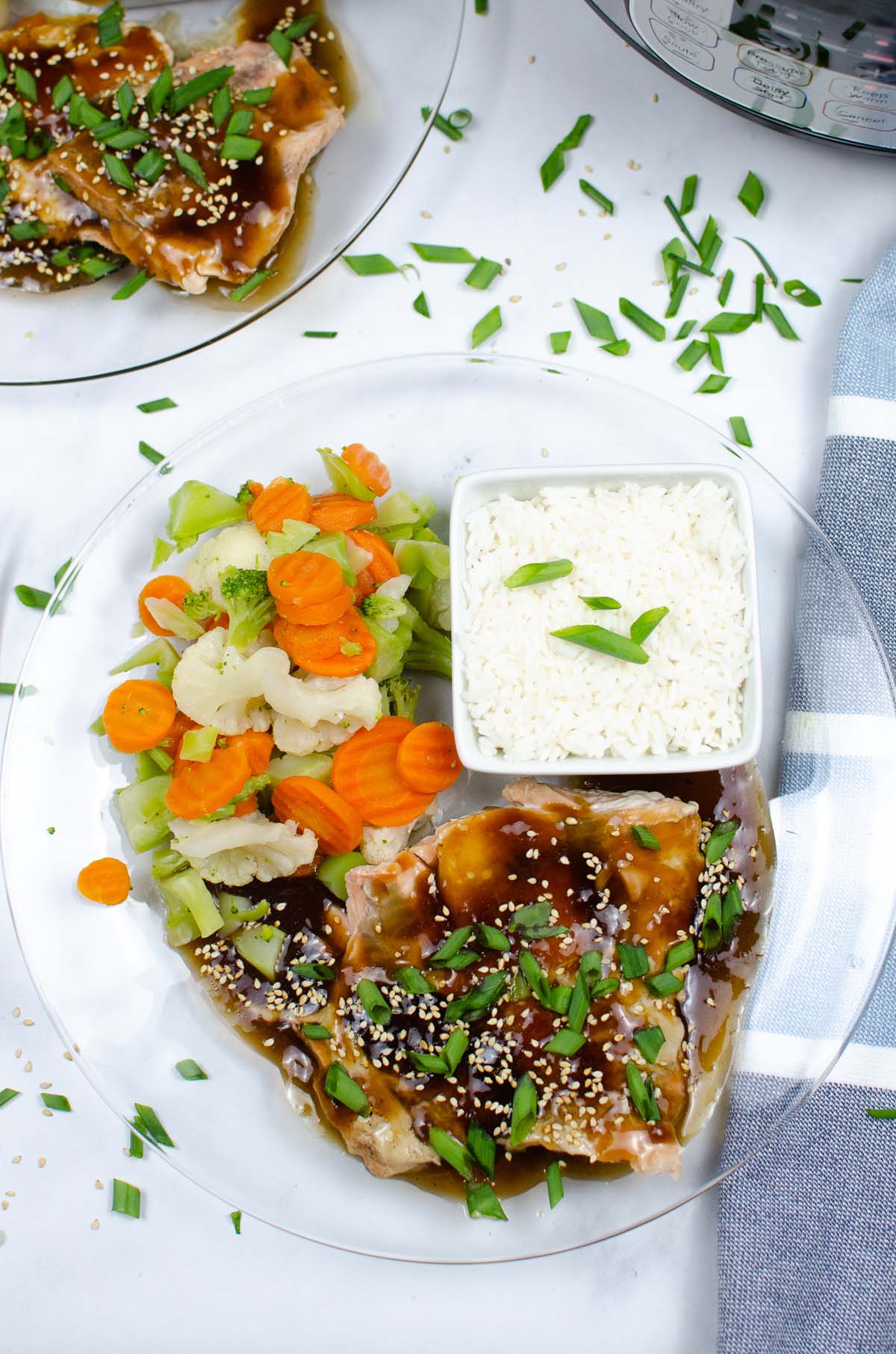 salmon on a plate with rice and veggies.