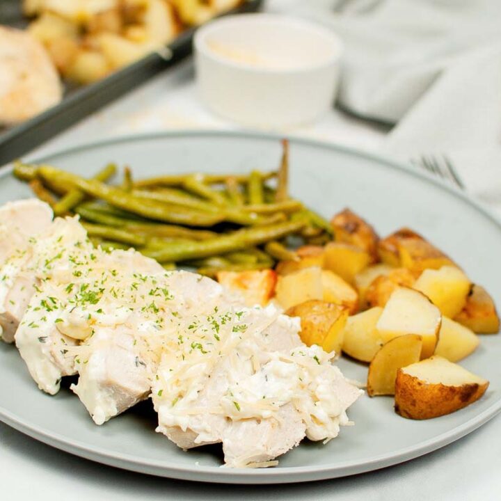one pan chicken and potatoes plated.