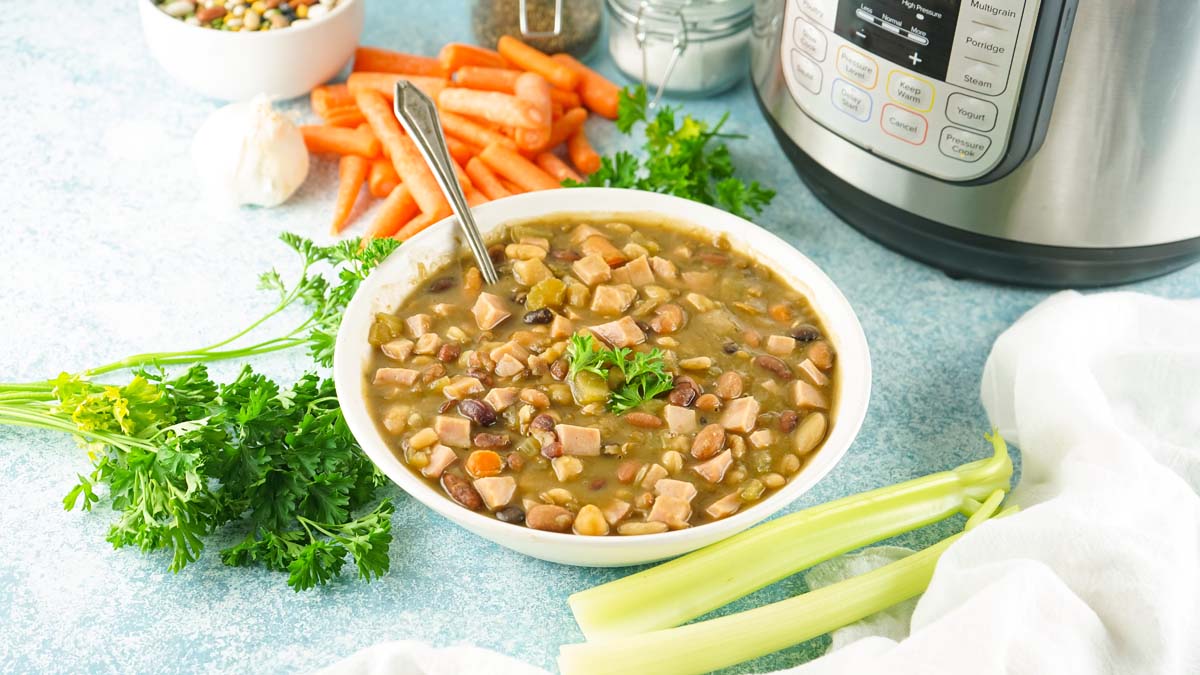 Soup in a bowl with a spoon.