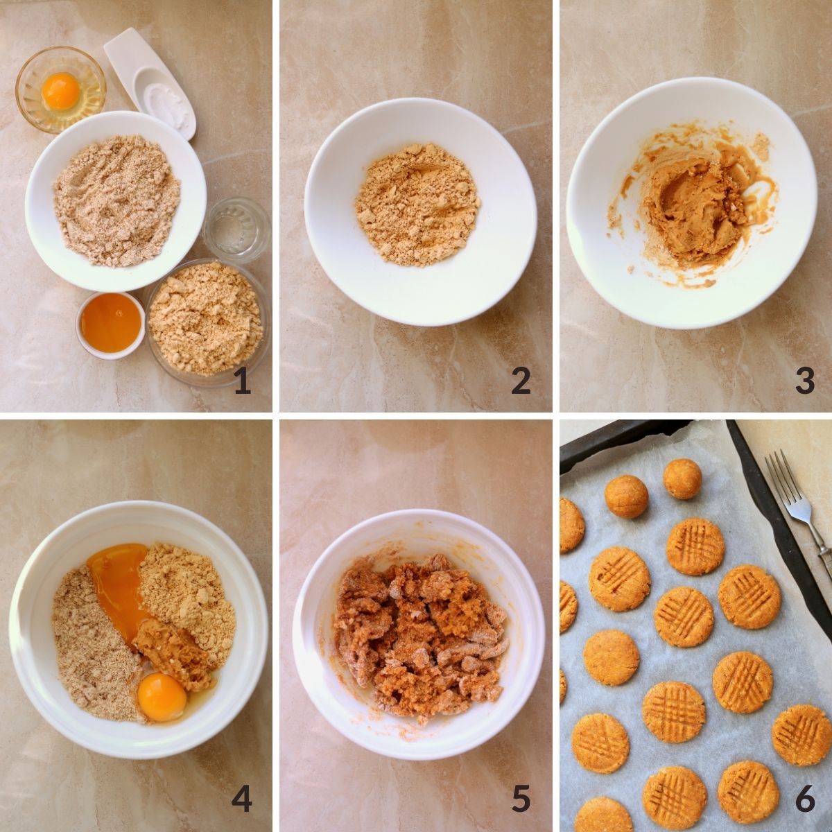 six image process making pbfit soft gluten free cookies.