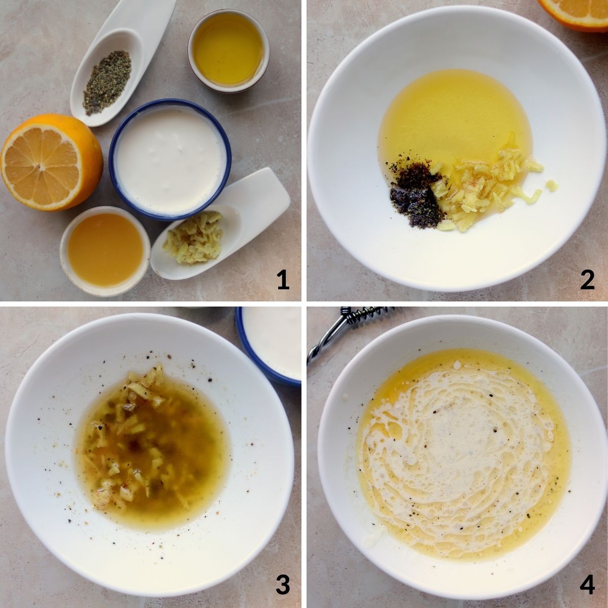 four image process making creamy citrus salad dressing.