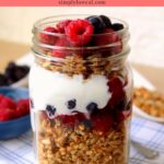 greek yogurt parfait with homemade granola pin.