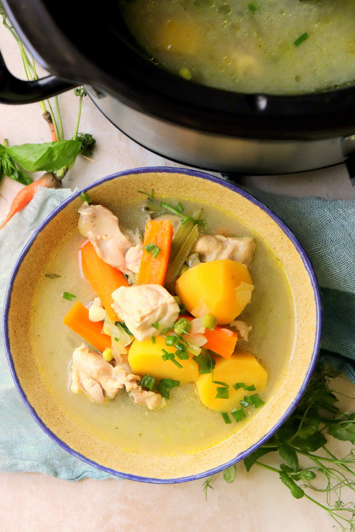 bowl of chicken stew next to Crock Pot.