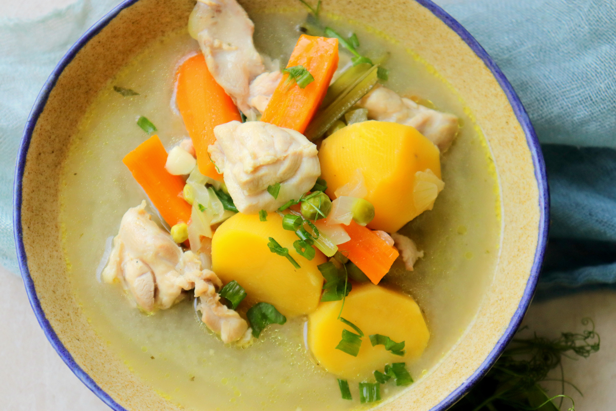 top view bowl of chicken stew.