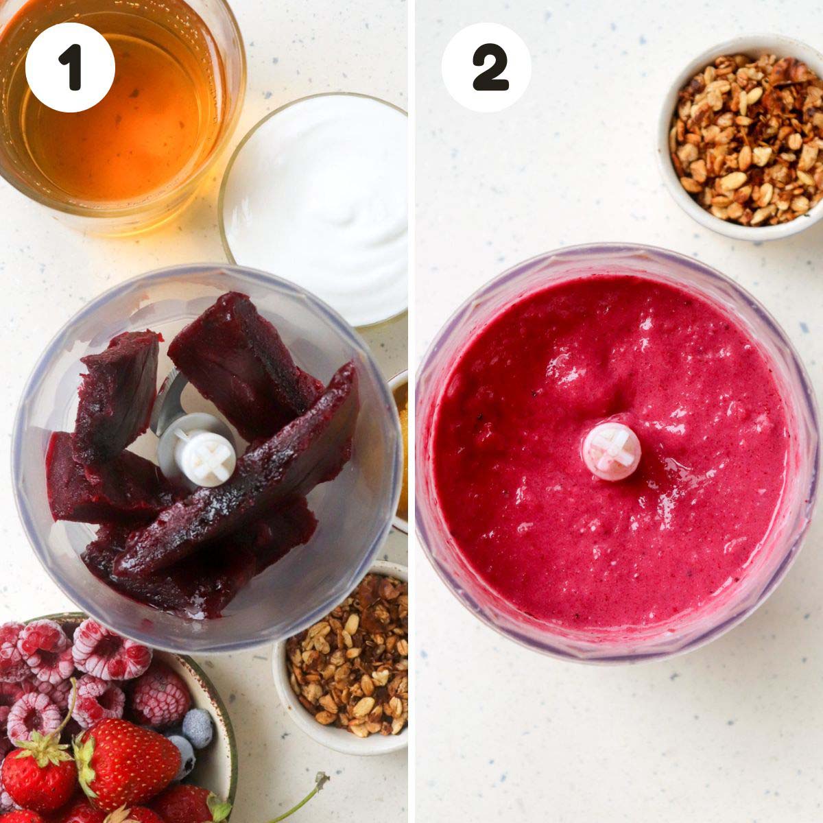 two image process making acai smoothie bowl.