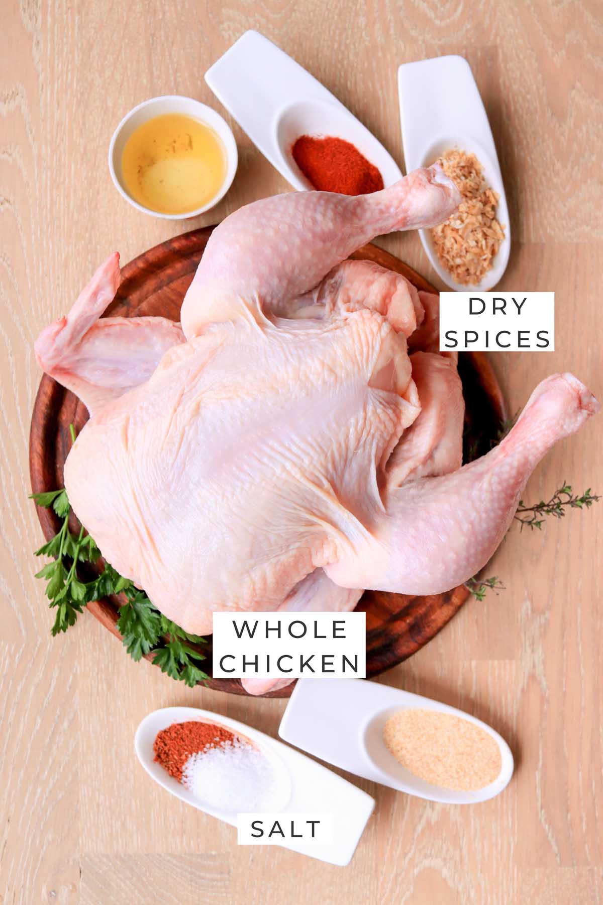 Labeled ingredients for the whole chicken.