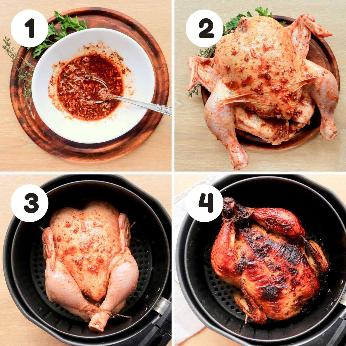 four image process making air fryer whole chicken.