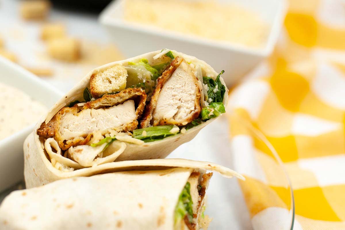 close up of a chicken wrap.