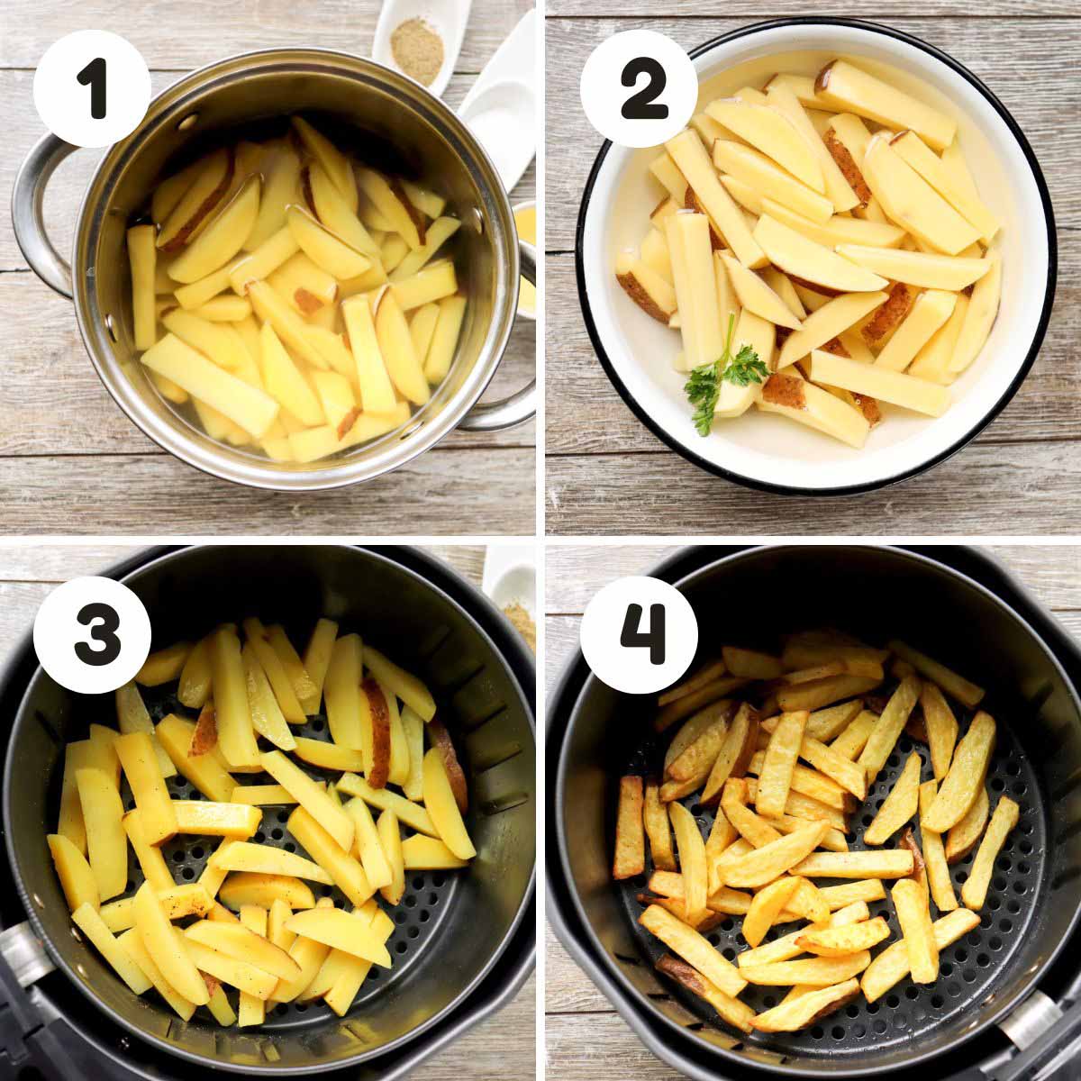 four image process making air fryer fries.
