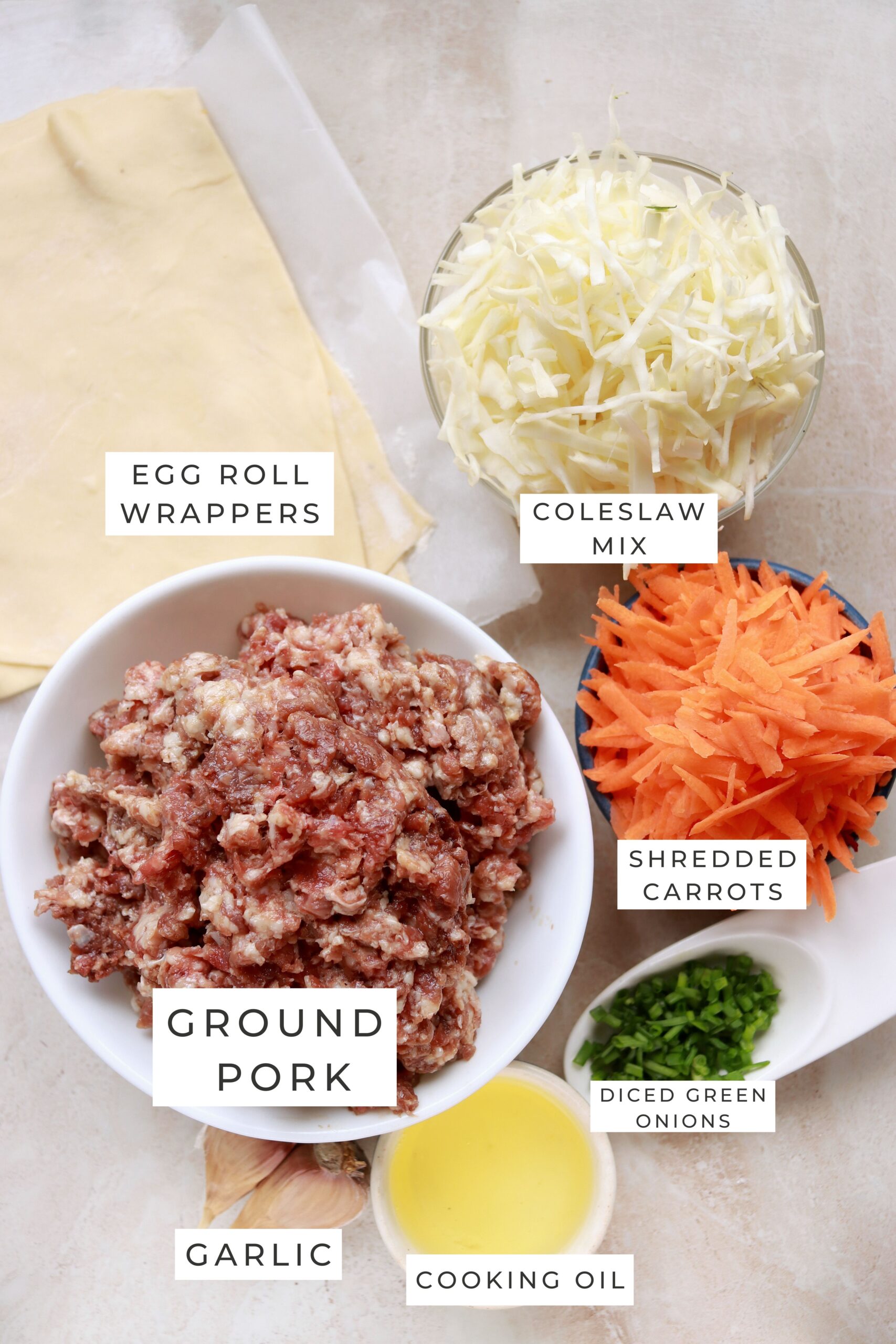 Labeled ingredients for the egg rolls.