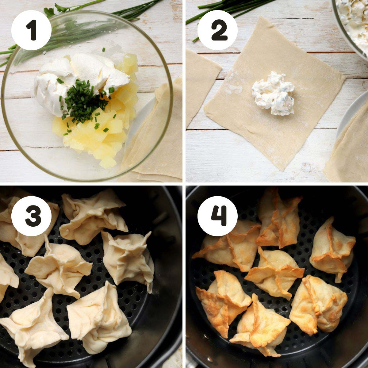 four image process making cream cheese wontons.