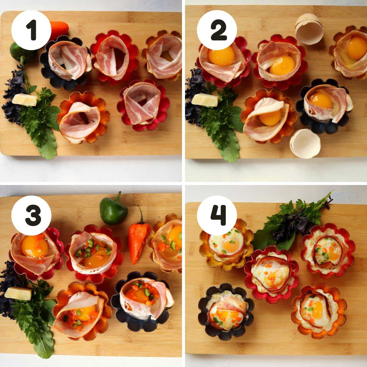 four image process making bacon and egg cups.