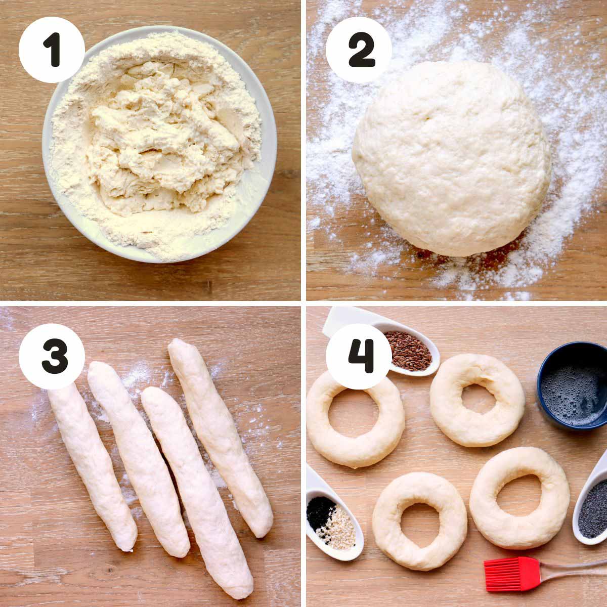 four image process making air fryer bagels.