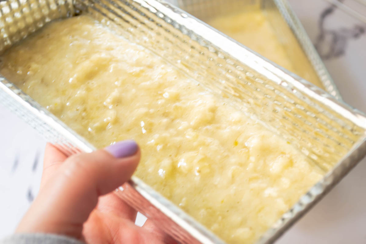 bread batter in a baking dish.