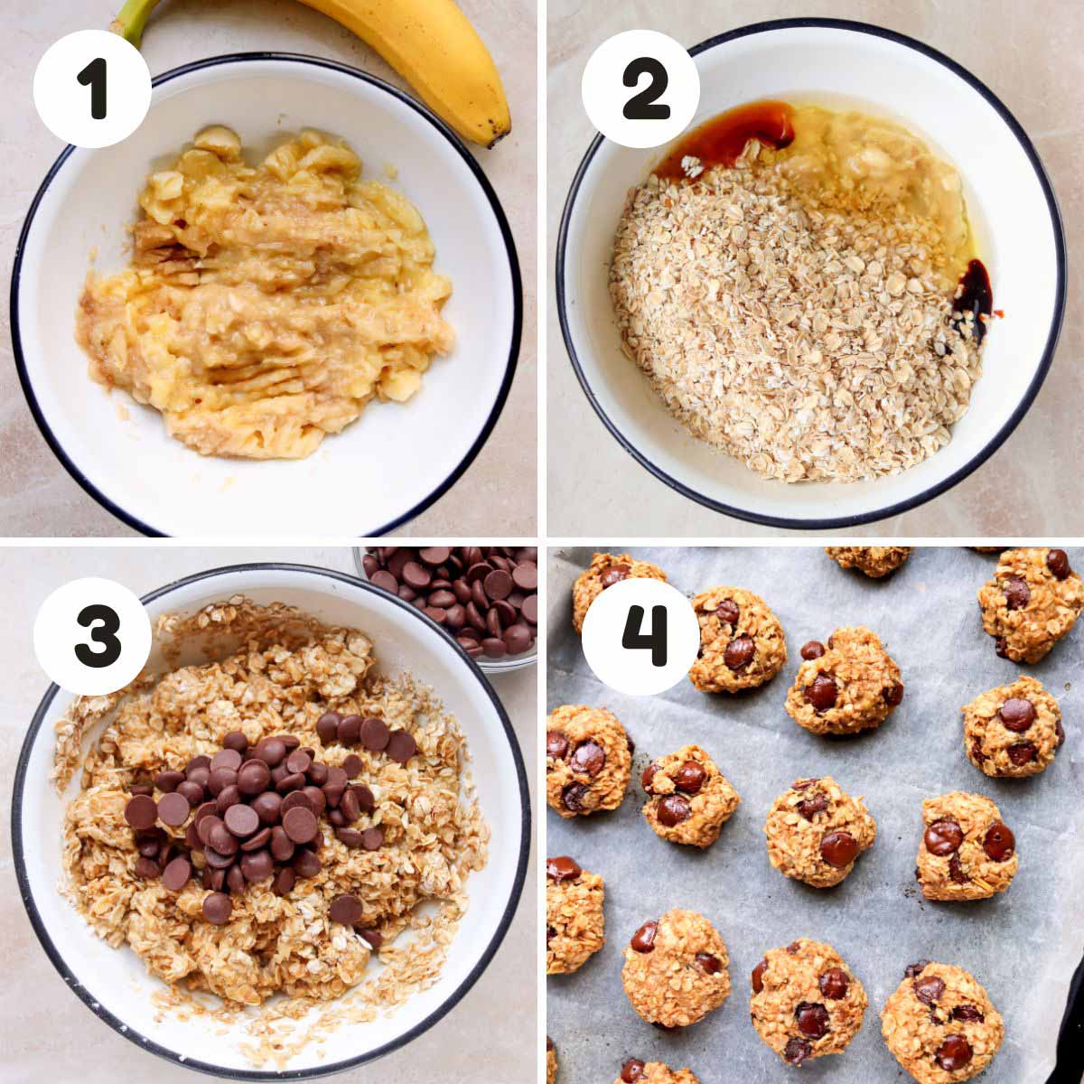 four image process making banana breakfast cookies.