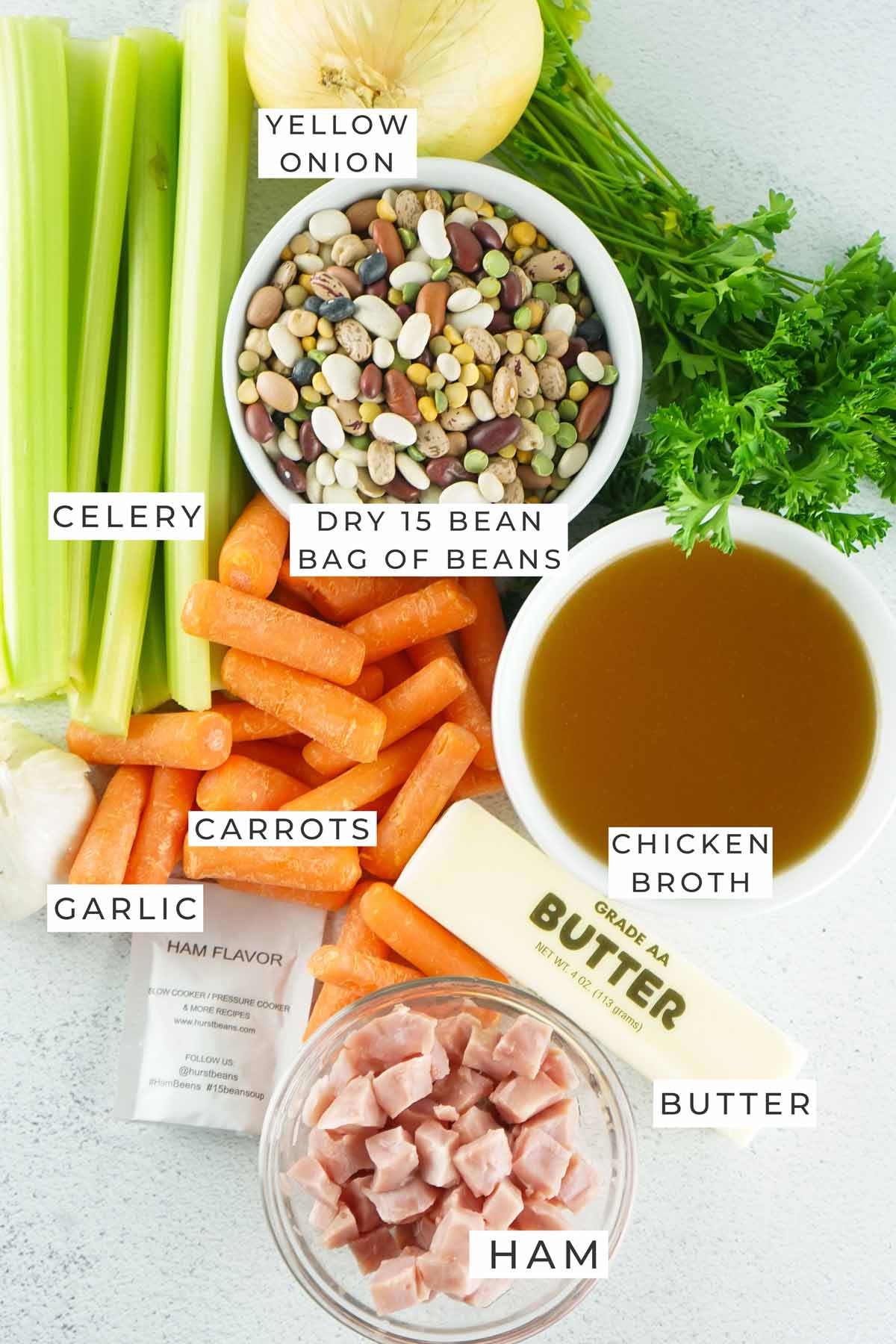 Labeled ingredients for the bean soup.