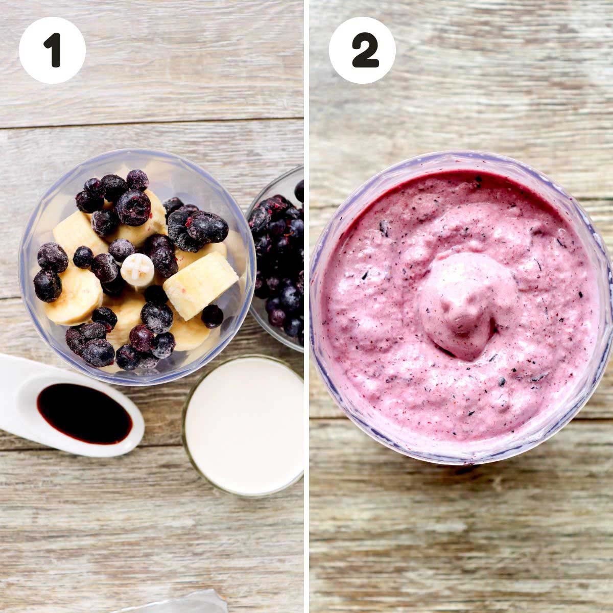 two image process making berry nice cream.