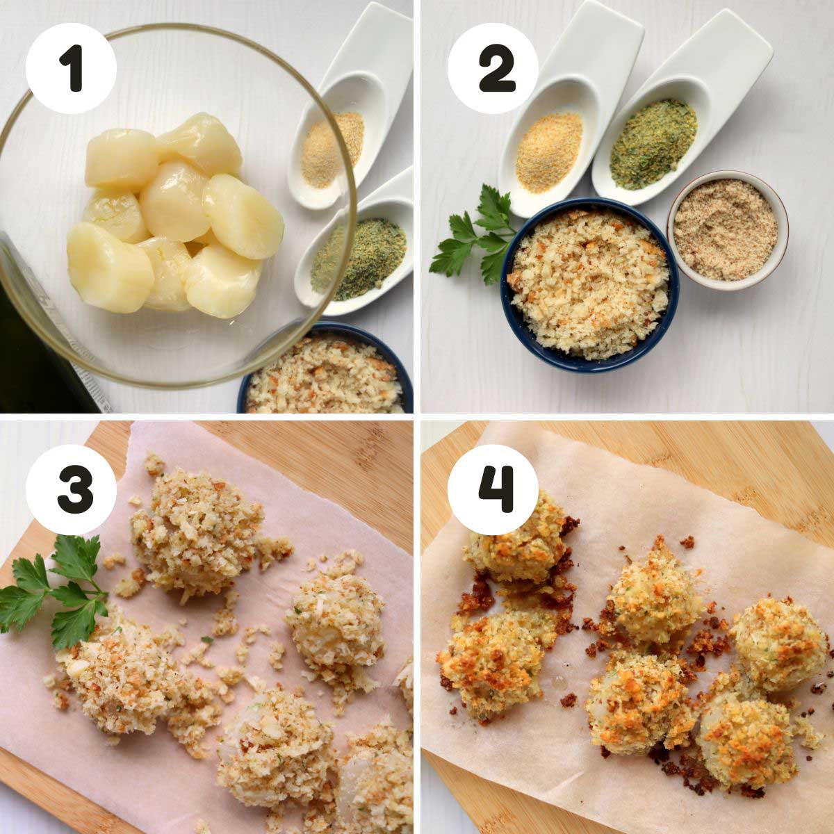 four image process making breaded scallops.