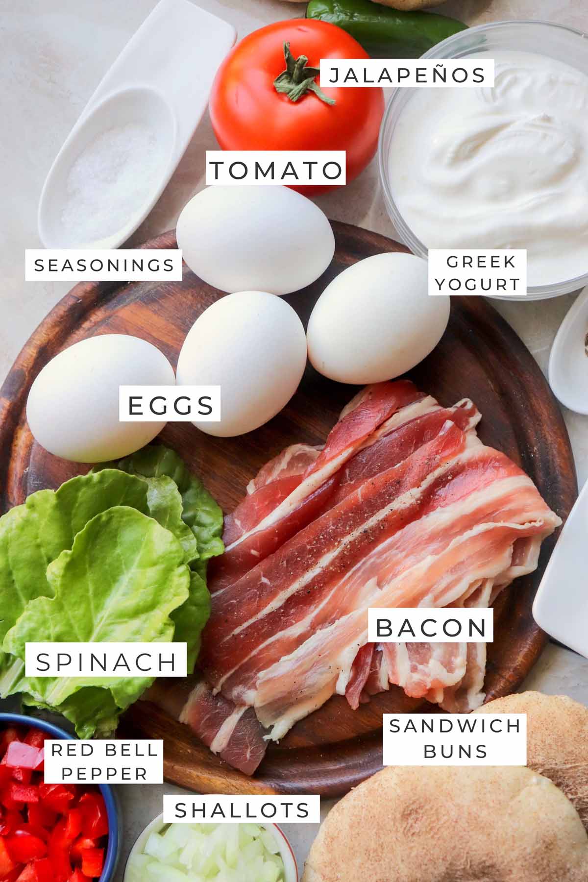 Labeled ingredients for the breakfast sandwich.