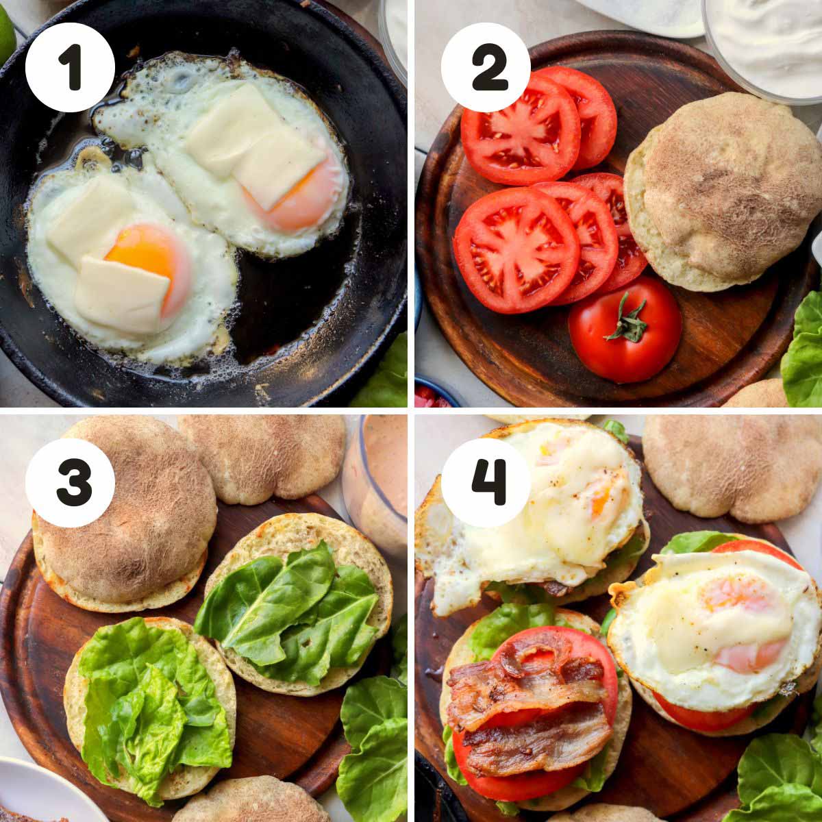 four image process making breakfast sandwich.