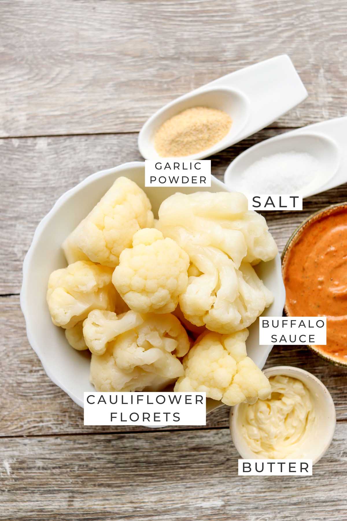 Labeled ingredients for the cauliflower bites.