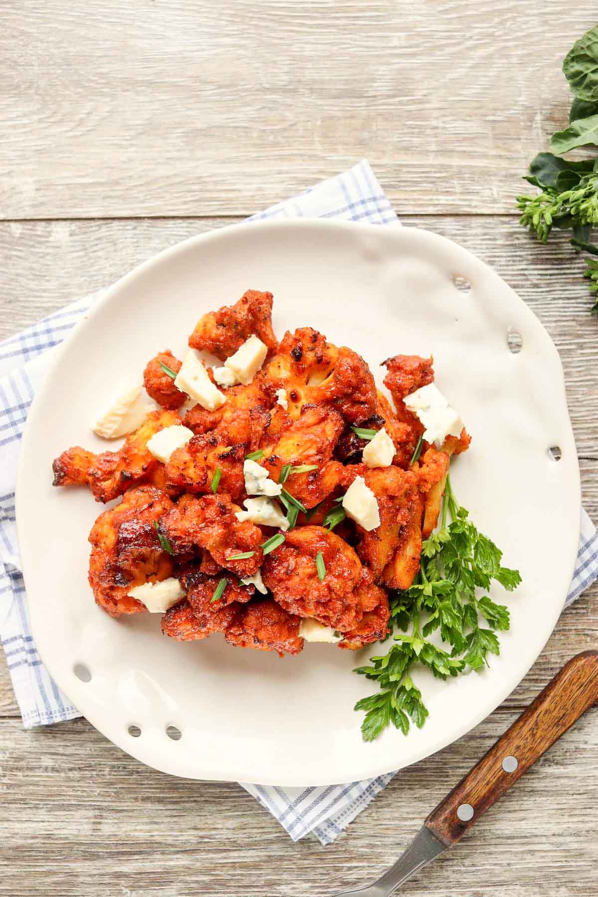 Cauliflower bites on a plate.