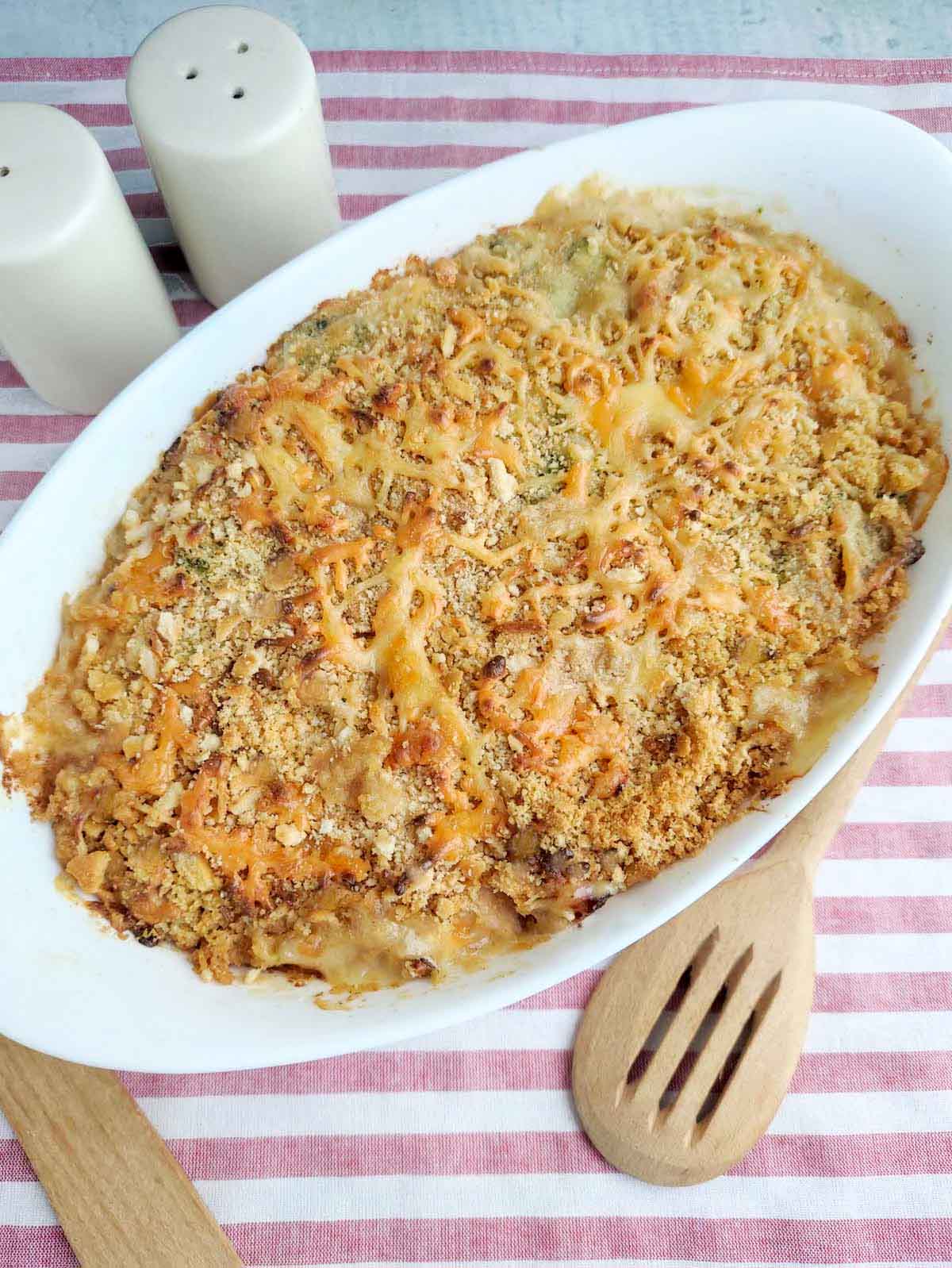 Baked casserole in a baking dish.