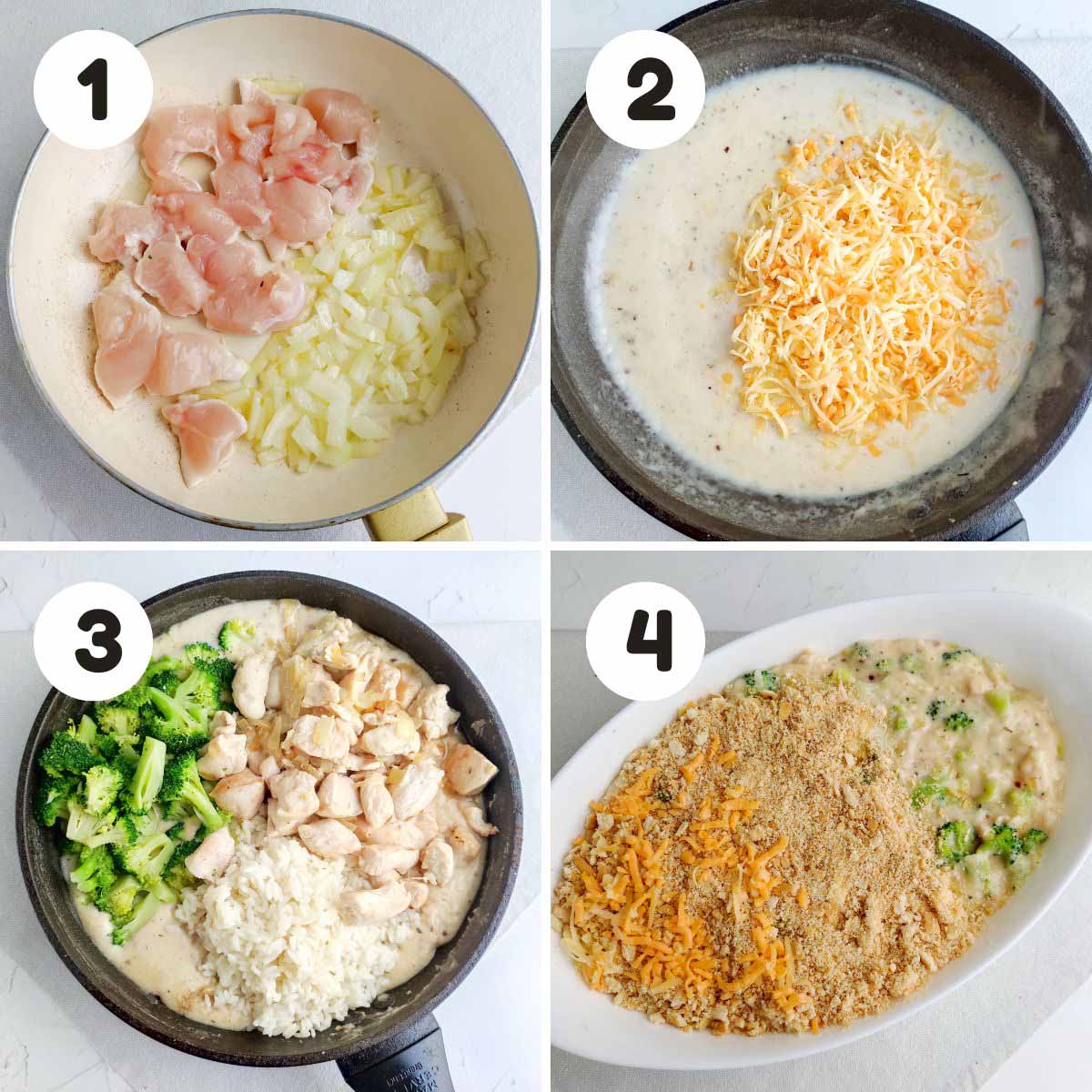 four image process making chicken broccoli casserole.