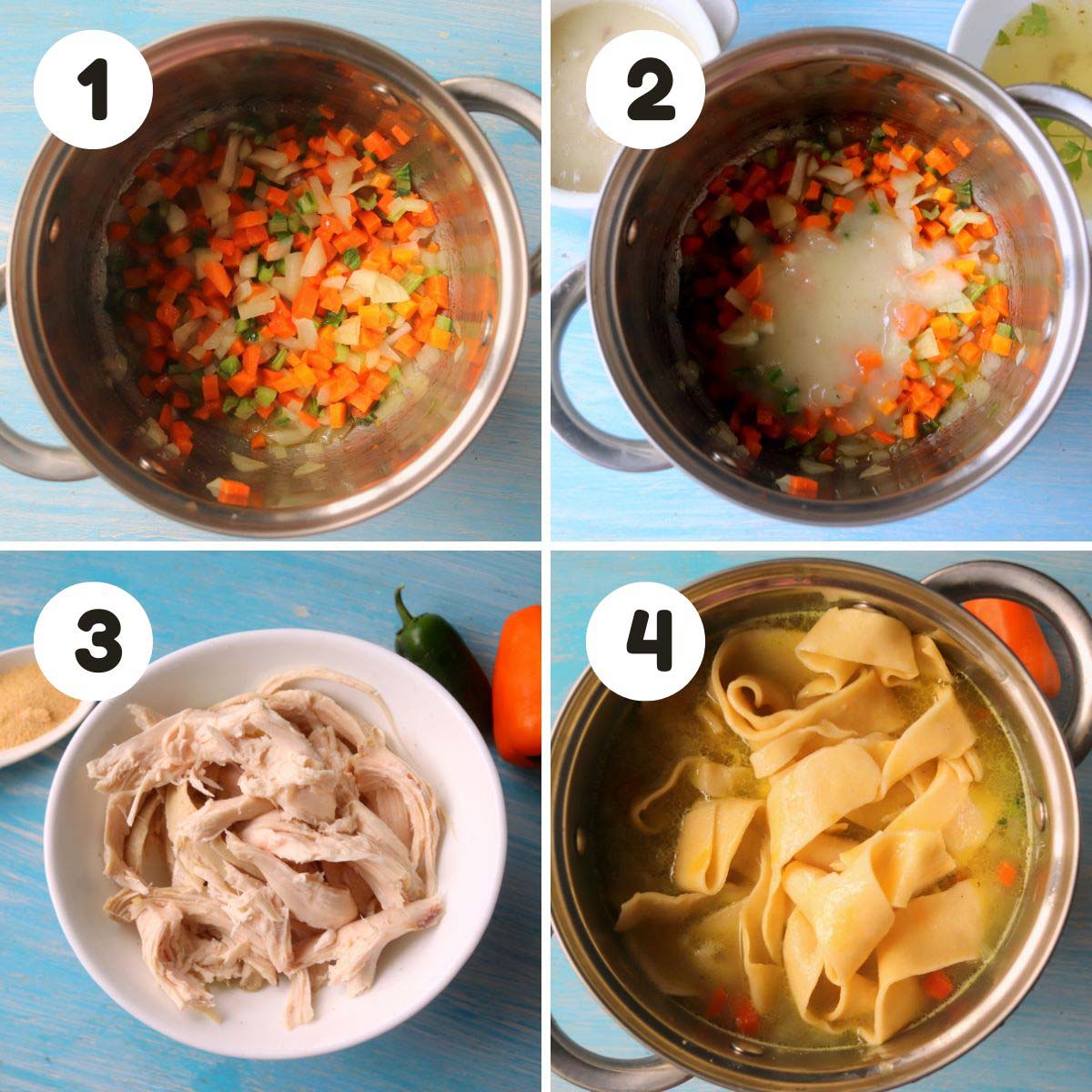 four image process making chicken noodle soup.