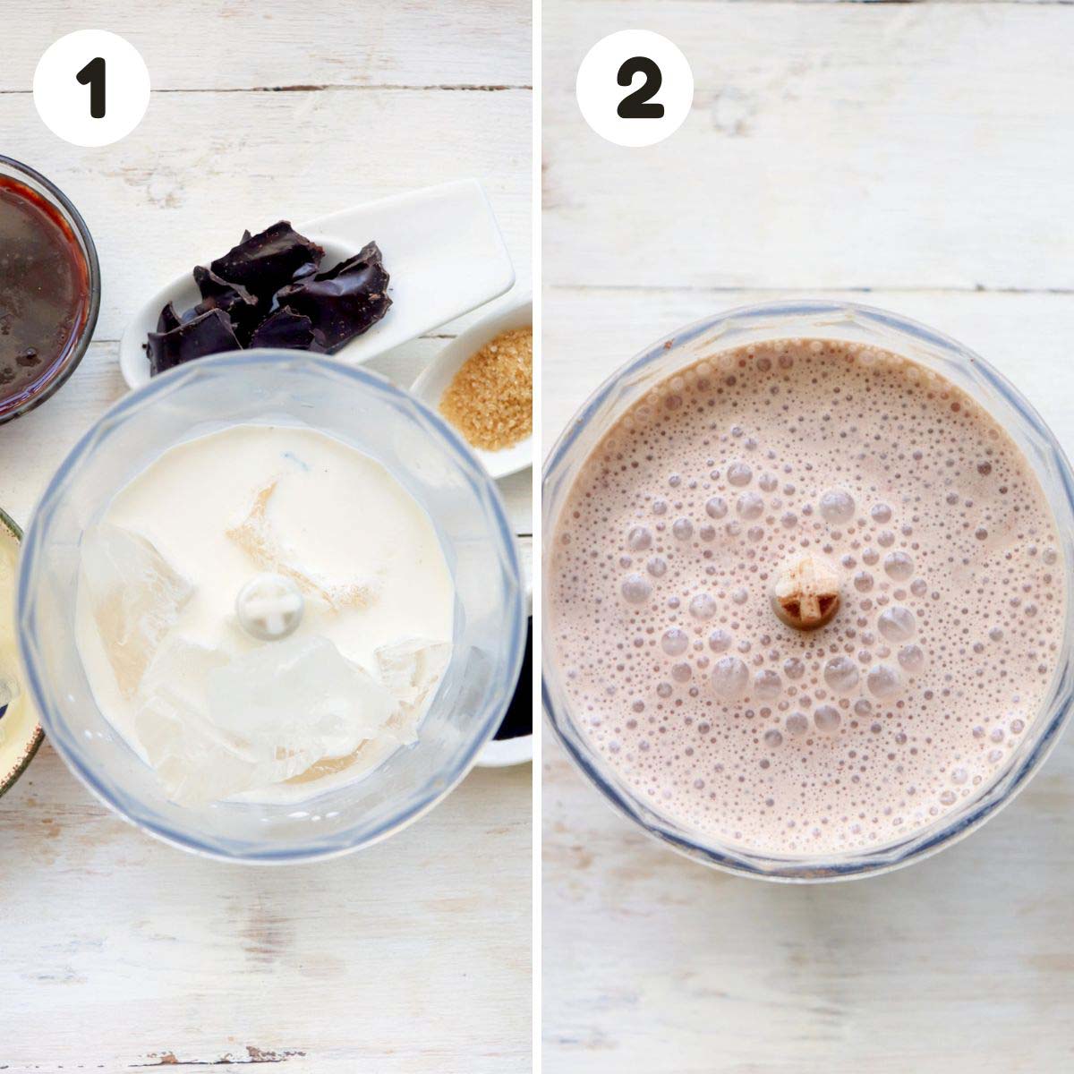 two image process making chocolate chip frappe.