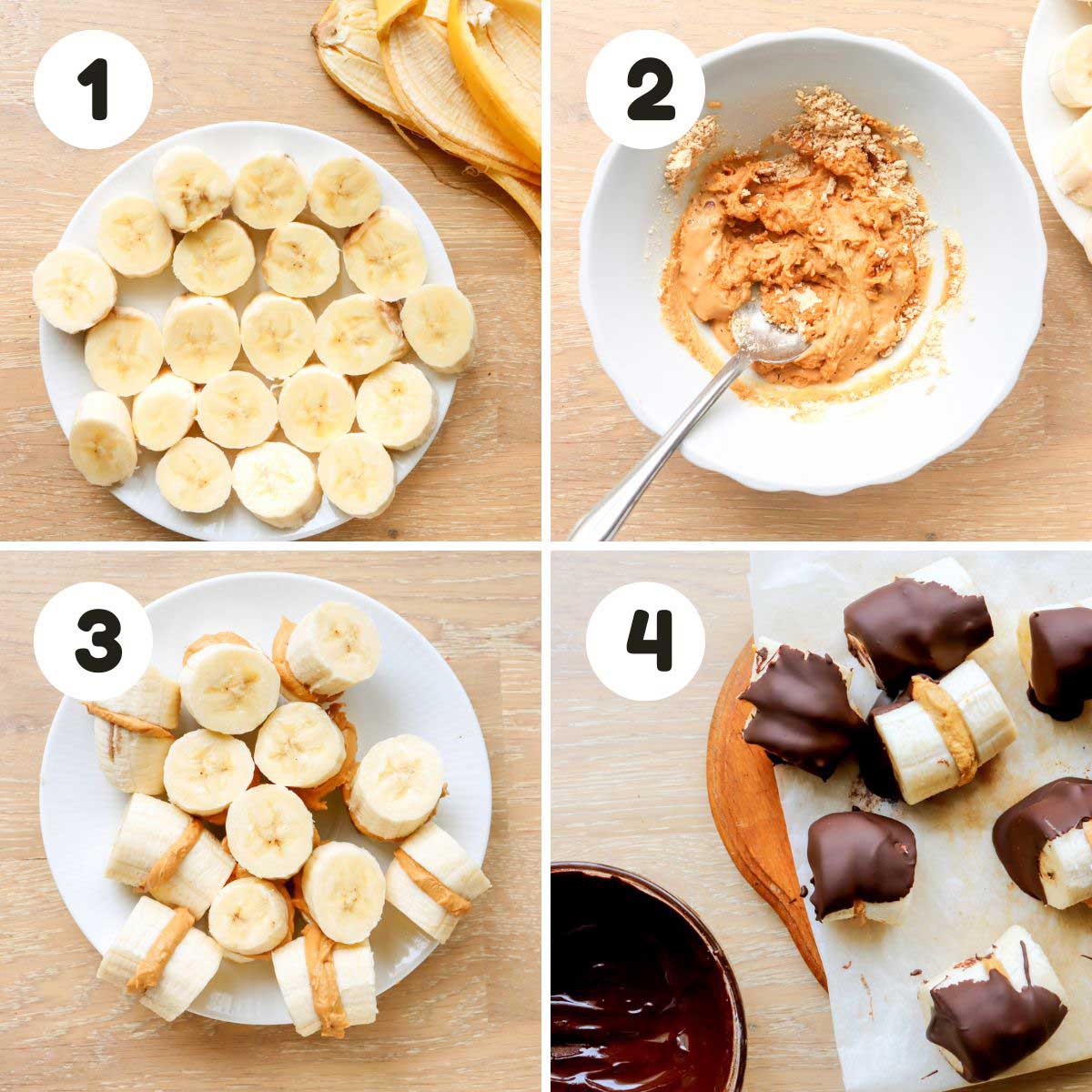four image process making banana bites.