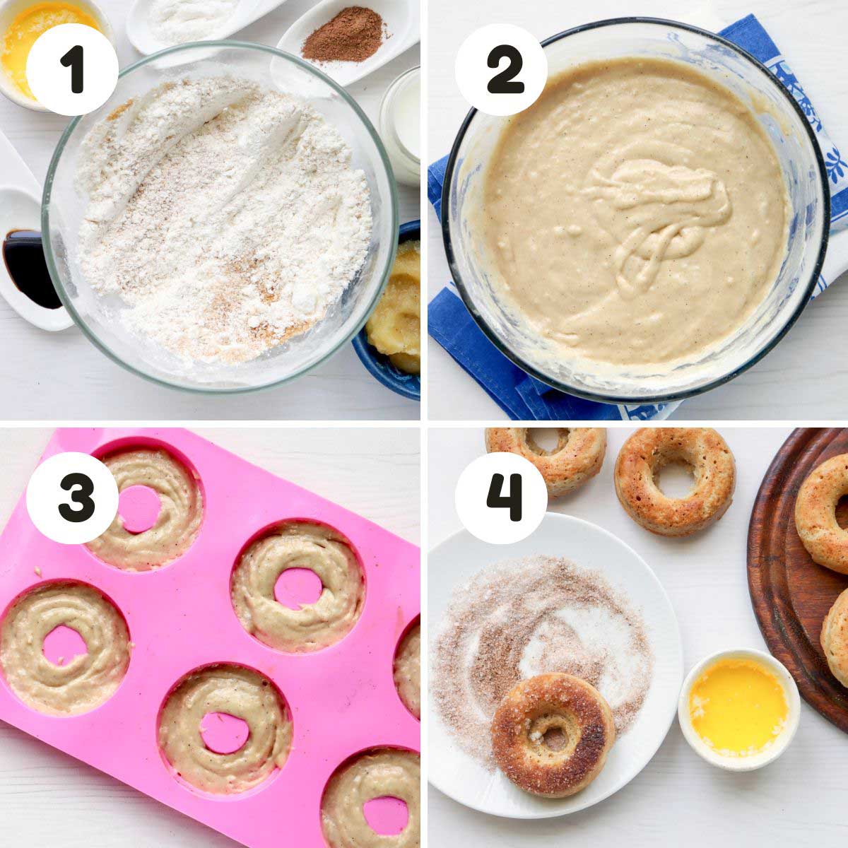 four image process making cinnamon sugar donuts.