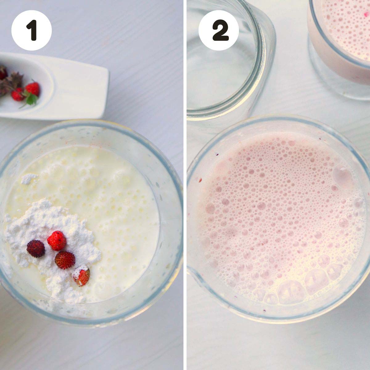 two image process making coconut berry smoothie.