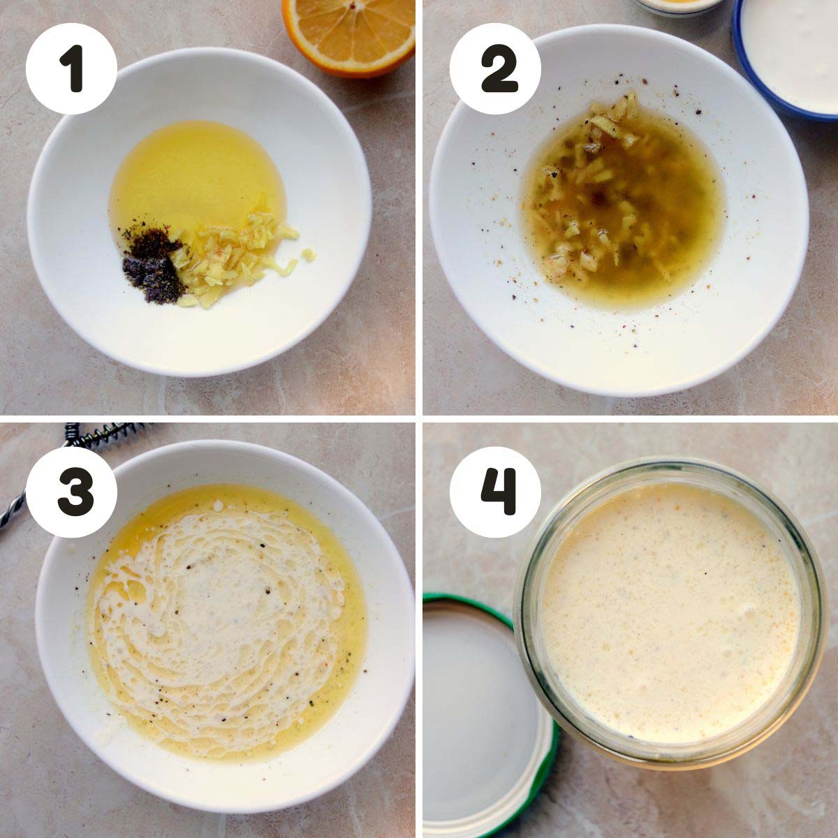 four image process making citrus salad dressing.
