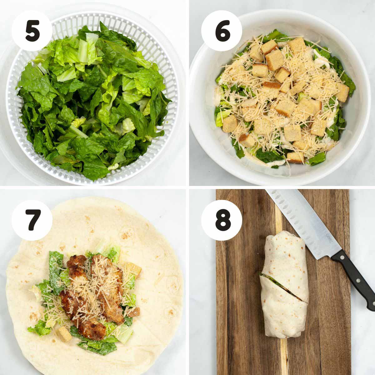 four image process making crispy chicken caesar wraps.