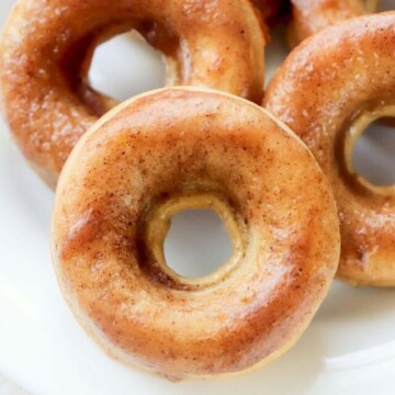 close up view of a glazed donut.