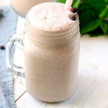 side view of chocolate chip frappe.