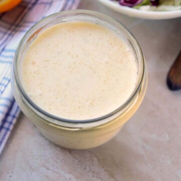 top view of salad dressing in a jar.