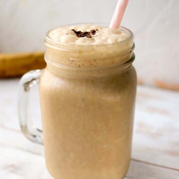 side view of a protein shake in a jar.
