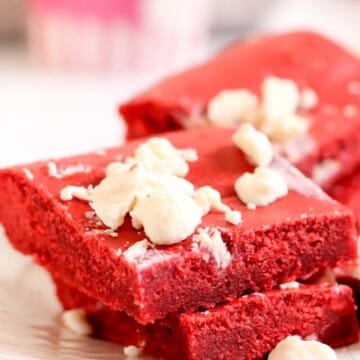 Thumbnail of red velvet cookie bars using cake mix.