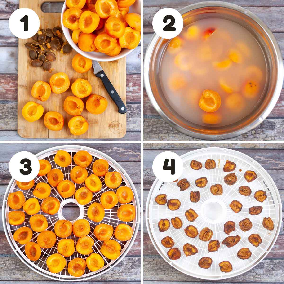 Steps to make the dehydrated apricots.