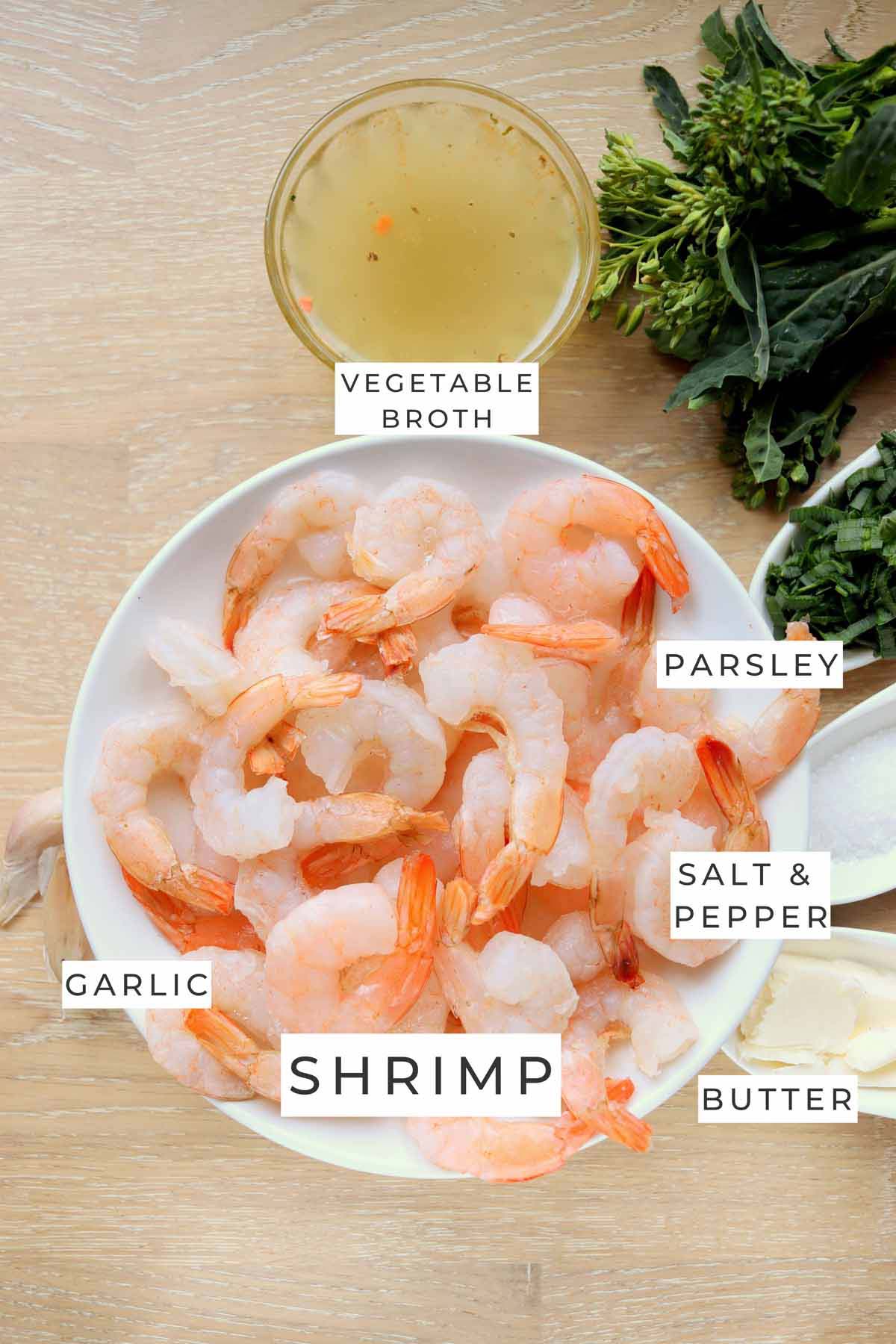 Labeled ingredients for the shrimp scampi.