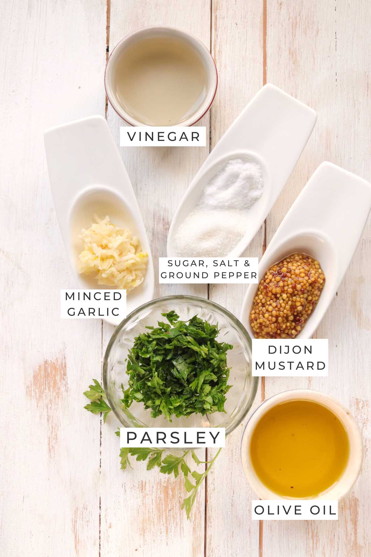 Labeled ingredients for the vinaigrette.