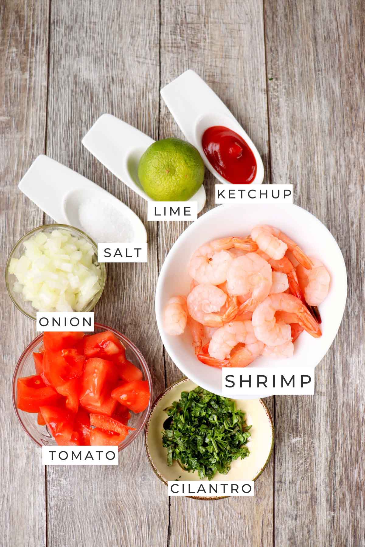 Labeled ingredients for the shrimp ceviche.