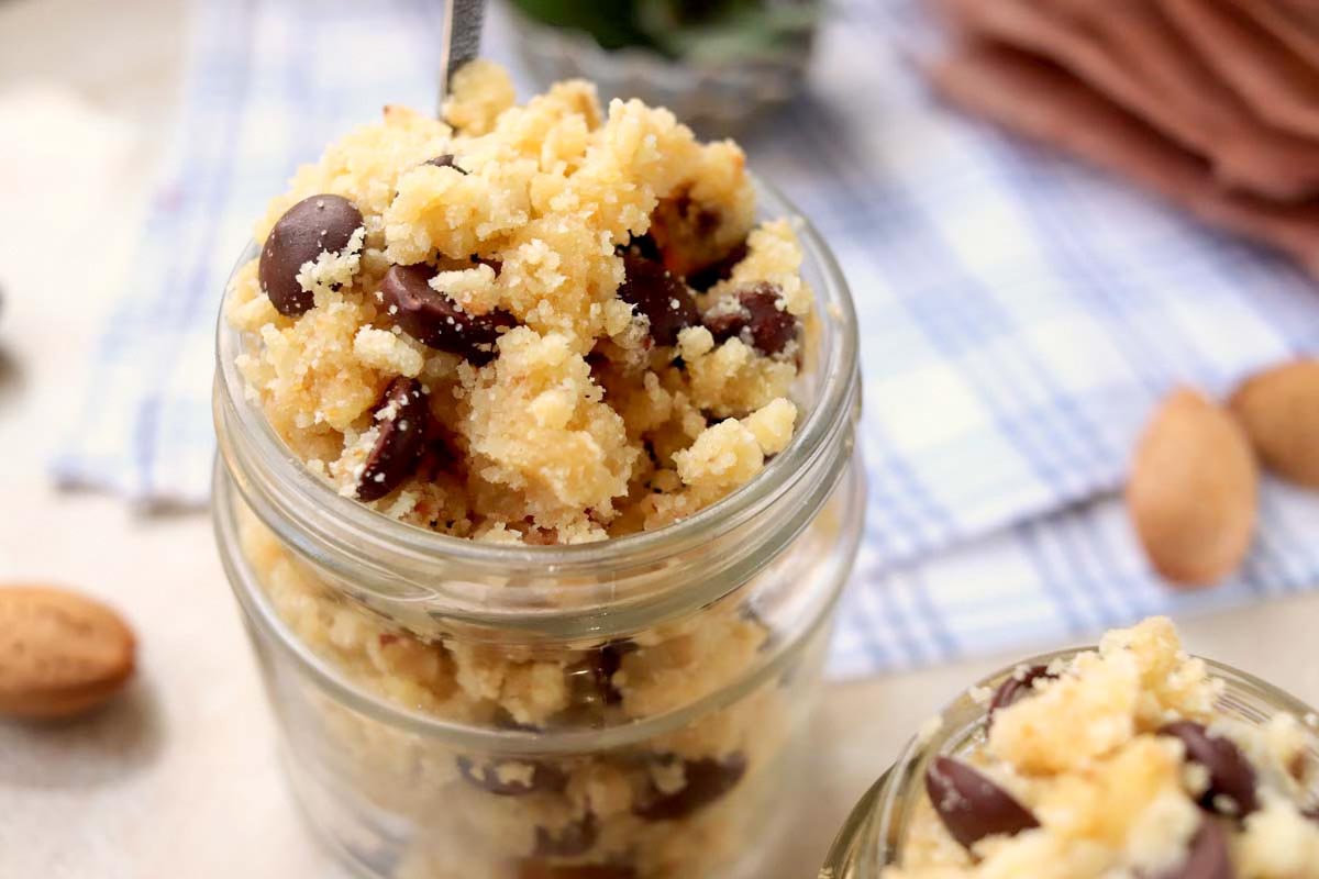 Cookie dough in a glass jar.