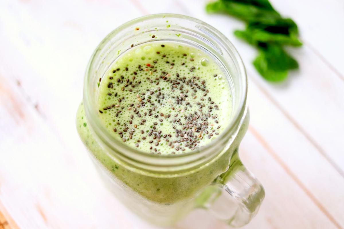 top view of smoothie in a jar with chia seeds.
