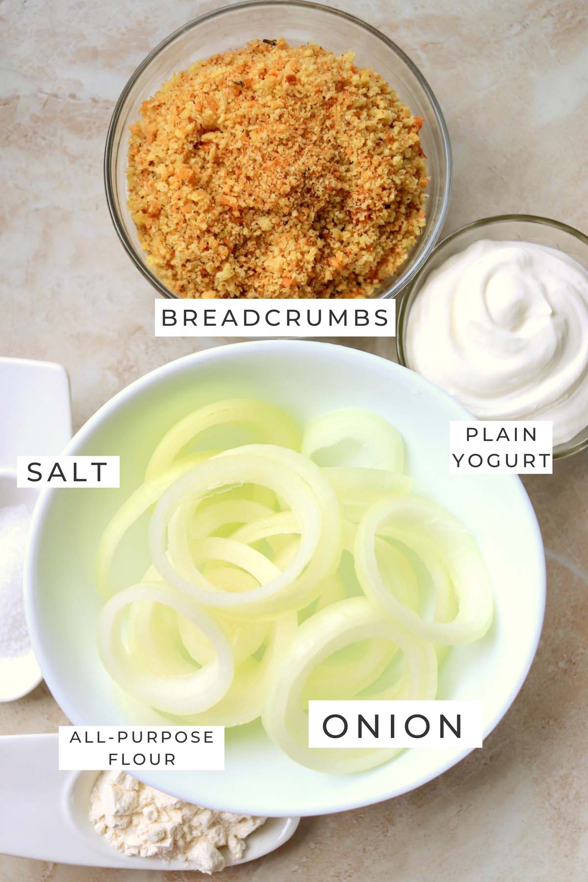 Labeled ingredients for the onion rings.