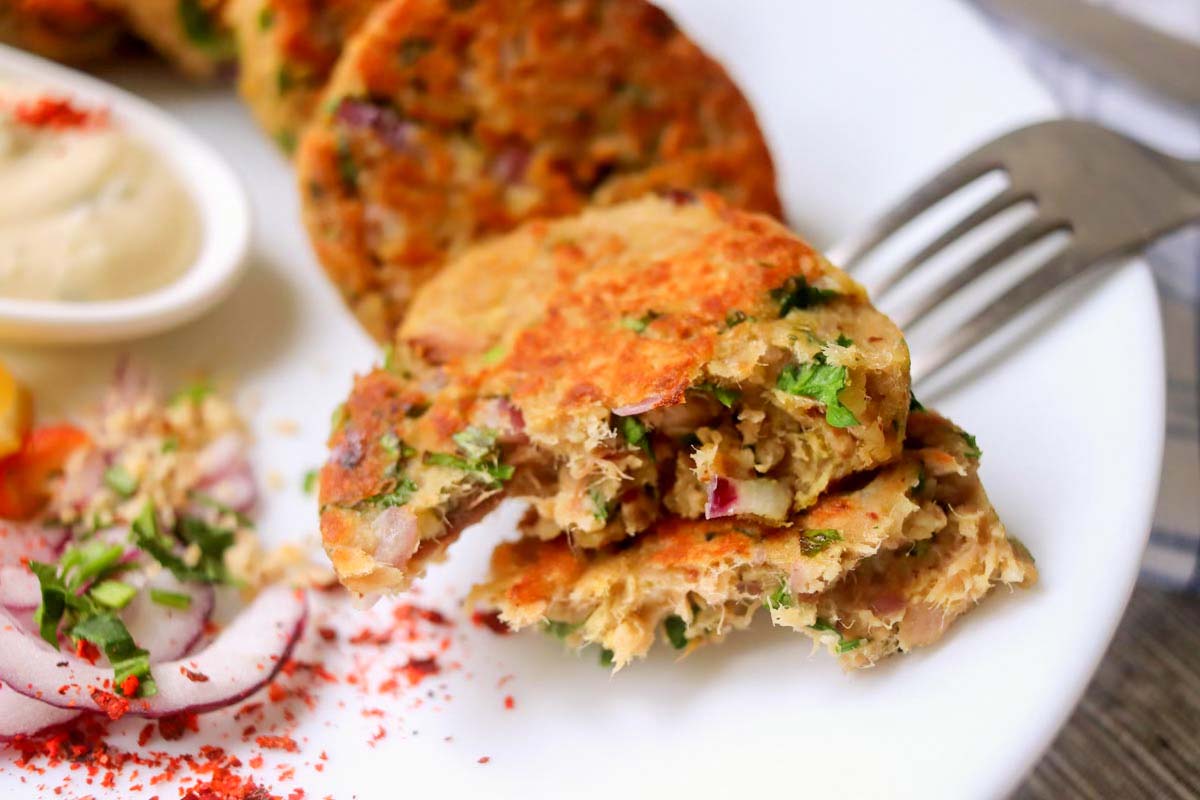 tuna patty cut in half.