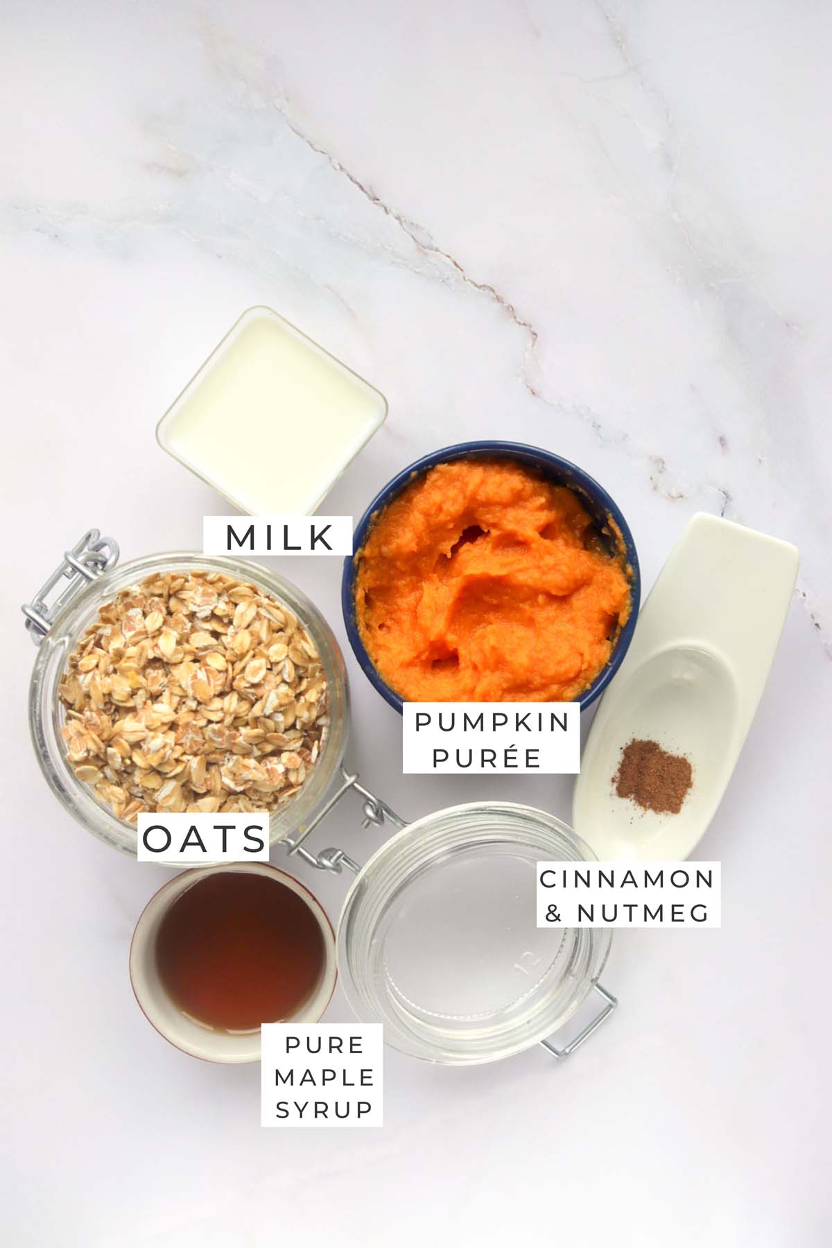 Labeled ingredients for the pumpkin oats.