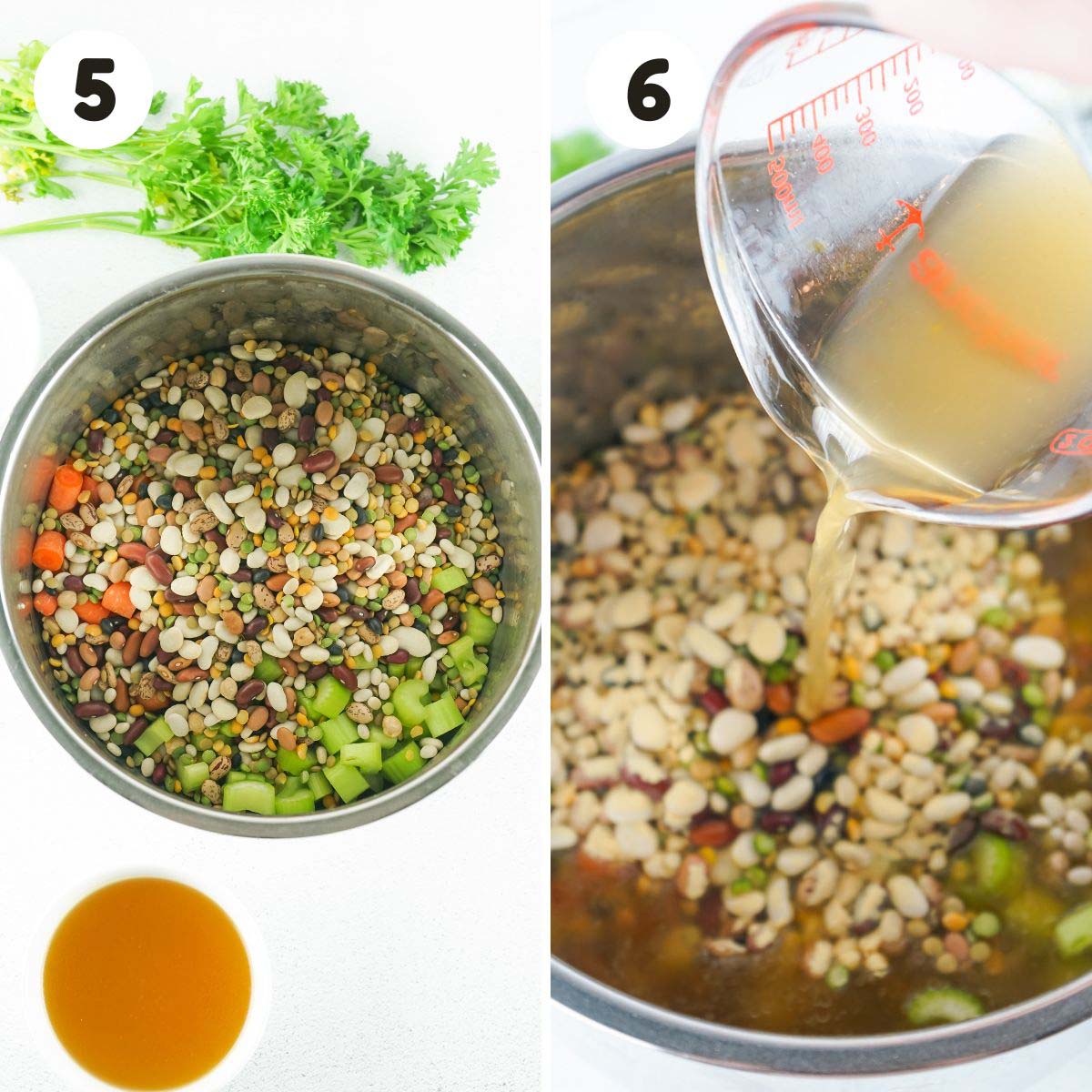 Steps to add liquid to the bean soup.